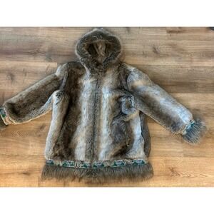 Ameri Mode Faux Fur Hooded Parka Jacket Brown Grey Polar Bear Embroidered Large